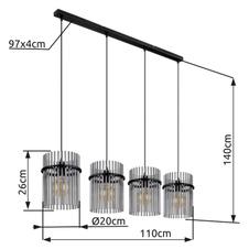 Závěsné svítidlo kov černý matný, skleněné tyče kouřové barvy, kabel PVC černý, možnost nastavení výšky, DxŠxV:1100x200x1400mm, bez žárovek 4xE27 60W 230V