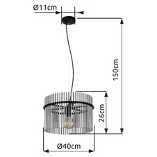 Závěsné svítidlo, kov černý matný, skleněné tyčinky kouřové barvy, kabel PVC černý, možnost nastavení výšky, Ø:400mm, V:1500mm, bez žárovky 1x E27,max. 60W 230V