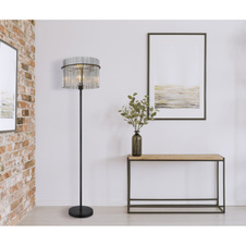 Stojací svítidlo, kov černý matný, skleněné tyčinky kouřové barvy, kabel PVC černý, nožní spínač na kabelu, Ø:380mm, V:1520mm, délka kabelu 1800mm, bez žárovky 1x E27, max. 60W 230V