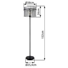 Stojací svítidlo, kov černý matný, skleněné tyčinky kouřové barvy, kabel PVC černý, nožní spínač na kabelu, Ø:380mm, V:1520mm, délka kabelu 1800mm, bez žárovky 1x E27, max. 60W 230V