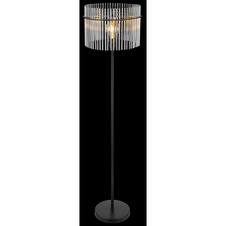Stojací svítidlo, kov černý matný, skleněné tyčinky kouřové barvy, kabel PVC černý, nožní spínač na kabelu, Ø:380mm, V:1520mm, délka kabelu 1800mm, bez žárovky 1x E27, max. 60W 230V