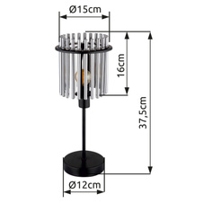 Stolní lampa, kov černý matný, skleněné tyčinky kouřové barvy, kabel PVC černý, kolébkový vypínač na kabelu, Ø:150mm, V:375mm, délka kabelu 1500mm, bez žárovky 1xE14, max. 40W 230V