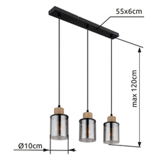 Závěsné svítidlo kov černý matný, dřevo tmavě hnědé, sklo kouřové barvy, kabel PVC černý, možnost nastavení výšky, DxŠxV:550x100x1200mm, bez žárovek 3xE27 15W 230V