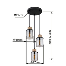 Závěsné svítidlo, kov černý matný, dřevo, sklo kouřové, kabel PVC černý, Ø:270mm, V:1200mm, bez žárovek 3xE27,max. 15W 230V