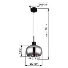 Závěsné svítidlo, kov černý matný, sklo kouřové, skleněné křišťály průhledné, textilní kabel černý, možnost nastavení výšky, Ø:210mm, V:1200mm, bez žárovky 1xE27 LED, max. 9W 230V