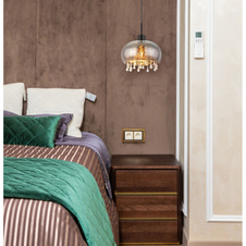 Závěsné svítidlo, kov černý matný, sklo kouřové, skleněné křišťály průhledné, textilní kabel černý, možnost nastavení výšky, Ø:280mm, V:1200mm, bez žárovky 1xE27 LED, max. 9W 230V