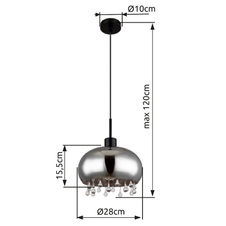 Závěsné svítidlo, kov černý matný, sklo kouřové, skleněné křišťály průhledné, textilní kabel černý, možnost nastavení výšky, Ø:280mm, V:1200mm, bez žárovky 1xE27 LED, max. 9W 230V