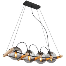 Závěsné svítidlo kov černý matný, dřevo přírodní barvy, sklo kouřové barvy, kabel PVC černý, výškově nastavitelné, DxŠxV:750x220x1200mm, bez žárovek 4x E14 15W 230V