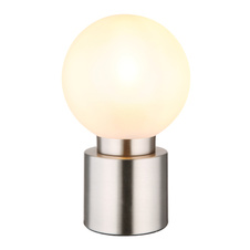 Stolní lampa, nikl, sklo bílé, satinované, kolébkový vypínač na kabelu, Ø:150mm, V:245mm, délka kabelu 1500mm, bez žárovky 1xE14, 25W 230V