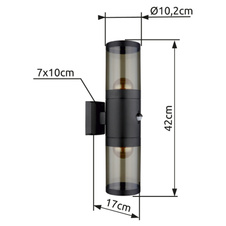 Venkovní svítidlo nerezová ocel černá matná, plast kouřové barvy, směr světla: nahoru a dolů, včetně senzoru, IP44, ŠxVxH:102x420x170mm, bez žárovek 2xE27 60W 230V