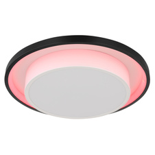 Stropní svítidlo kov černý, akryl opál, stmívatelné, přepínání funkcí nástěnným vypínačem, RGB měnič a fixace barev, duhový efekt, paměť, dálkové ovládání, Ø:395mm, V:50mm, LED 21W+3W RGB 230V, 210-2120lm zdroj, 90-900lm výstup, CCT 2700-6500K