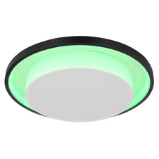Stropní svítidlo kov černý, akryl opál, stmívatelné, přepínání funkcí nástěnným vypínačem, RGB měnič a fixace barev, duhový efekt, paměť, dálkové ovládání, Ø:395mm, V:50mm, LED 21W+3W RGB 230V, 210-2120lm zdroj, 90-900lm výstup, CCT 2700-6500K