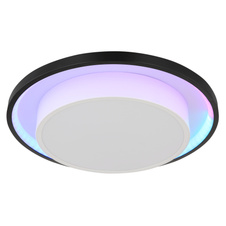 Stropní svítidlo kov černý, akryl opál, stmívatelné, přepínání funkcí nástěnným vypínačem, RGB měnič a fixace barev, duhový efekt, paměť, dálkové ovládání, Ø:395mm, V:50mm, LED 21W+3W RGB 230V, 210-2120lm zdroj, 90-900lm výstup, CCT 2700-6500K