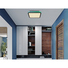 Stropní svítidlo kov černý matný, akryl bílý, stmívatelné, několik úrovní pomocí nástěnného spínače, RGB duhový efekt, paměťová funkce, dálkové ovládání, DxŠxV:355x355x70mm, LED 40W+5W RGB 230V, 425-4250lm zdroj, 200-2000lm výstup, CCT2700- 6500K