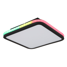 Stropní svítidlo kov černý matný, akryl bílý, stmívatelné, několik úrovní pomocí nástěnného spínače, RGB duhový efekt, paměťová funkce, dálkové ovládání, DxŠxV:355x355x70mm, LED 40W+5W RGB 230V, 425-4250lm zdroj, 200-2000lm výstup, CCT2700- 6500K