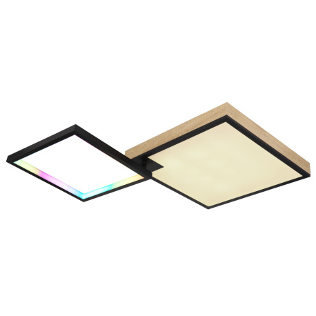 Stropní svítidlo kov černý matný, MDF imitace dřeva, akryl opál, stmívatelné, několik úrovní prostřednictvím nástěnného spínače, RGB, paměťová funkce, dálkové ovládání, DxŠxV:855x550x100mm, LED 40W+5W RGB 230V, 200-2000lm, CCT 2700-6500K