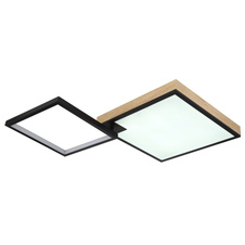 Stropní svítidlo kov černý matný, MDF imitace dřeva, akryl opál, stmívatelné, několik úrovní prostřednictvím nástěnného spínače, RGB, paměťová funkce, dálkové ovládání, DxŠxV:855x550x100mm, LED 40W+5W RGB 230V, 200-2000lm, CCT 2700-6500K