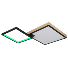 Stropní svítidlo kov černý matný, MDF imitace dřeva, akryl opál, stmívatelné, několik úrovní prostřednictvím nástěnného spínače, RGB, paměťová funkce, dálkové ovládání, DxŠxV:855x550x100mm, LED 40W+5W RGB 230V, 200-2000lm, CCT 2700-6500K