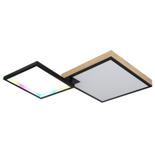 Stropní svítidlo kov černý matný, MDF imitace dřeva, akryl opál, stmívatelné, několik úrovní prostřednictvím nástěnného spínače, RGB, paměťová funkce, dálkové ovládání, DxŠxV:855x550x100mm, LED 40W+5W RGB 230V, 200-2000lm, CCT 2700-6500K