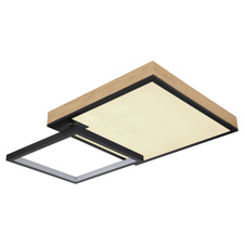 Stropní svítidlo kov černý matný, MDF imitace dřeva, akryl opál, stmívatelné, několik úrovní prostřednictvím nástěnného spínače, RGB, paměťová funkce, dálkové ovládání, DxŠxV:855x550x100mm, LED 40W+5W RGB 230V, 200-2000lm, CCT 2700-6500K