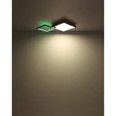 Stropní svítidlo kov černý matný, MDF imitace dřeva, akryl opál, stmívatelné, několik úrovní prostřednictvím nástěnného spínače, RGB, paměťová funkce, dálkové ovládání, DxŠxV:855x550x100mm, LED 40W+5W RGB 230V, 200-2000lm, CCT 2700-6500K