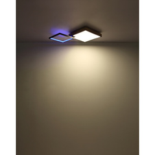Stropní svítidlo kov černý matný, MDF imitace dřeva, akryl opál, stmívatelné, několik úrovní prostřednictvím nástěnného spínače, RGB, paměťová funkce, dálkové ovládání, DxŠxV:855x550x100mm, LED 40W+5W RGB 230V, 200-2000lm, CCT 2700-6500K