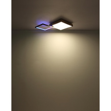 Stropní svítidlo kov černý matný, MDF imitace dřeva, akryl opál, stmívatelné, několik úrovní prostřednictvím nástěnného spínače, RGB, paměťová funkce, dálkové ovládání, DxŠxV:855x550x100mm, LED 40W+5W RGB 230V, 200-2000lm, CCT 2700-6500K