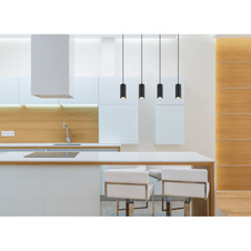 Závěsné svítidlo kov černý matný, MDF, imitace tmavého dřeva, kabel PVC černý, DxŠxV:650x60x1200mm, bez žárovek 4xGU10 35W 230V