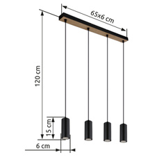 Závěsné svítidlo kov černý matný, MDF, imitace tmavého dřeva, kabel PVC černý, DxŠxV:650x60x1200mm, bez žárovek 4xGU10 35W 230V