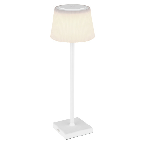 Stolní svítidlo kov bílá matná, plast bílý, satinovaný, stmívatelná, plynulý dotykový stmívač, bat 1800mAh 3,1V, IP44, doba nabíjení cca 4 hodiny, Ø:131mm, V:380mm, délka kabelu 1500mm, LED 4W 230V 310lm zdroj, 200lm výstup, CCT 3000-4000-5000K