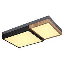 Stropní svítidlo kov šedý,černý matný, MDF imitace dřeva, plast opál, několik úrovní přes nás. Vypínač, 3 úrovně: 1. svítí tmavý rám, 2. svítí dřevěný rám, 3. svítí oba rámy, DxŠxV:650x350x90mm, LED 30W 230V, 3500lm zdroj, 1600lm výstup, 3000K