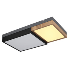 Stropní svítidlo kov šedý,černý matný, MDF imitace dřeva, plast opál, několik úrovní přes nás. Vypínač, 3 úrovně: 1. svítí tmavý rám, 2. svítí dřevěný rám, 3. svítí oba rámy, DxŠxV:650x350x90mm, LED 30W 230V, 3500lm zdroj, 1600lm výstup, 3000K