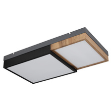 Stropní svítidlo kov šedý,černý matný, MDF imitace dřeva, plast opál, několik úrovní přes nás. Vypínač, 3 úrovně: 1. svítí tmavý rám, 2. svítí dřevěný rám, 3. svítí oba rámy, DxŠxV:650x350x90mm, LED 30W 230V, 3500lm zdroj, 1600lm výstup, 3000K
