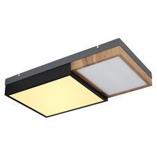 Stropní svítidlo kov šedý,černý matný, MDF imitace dřeva, plast opál, několik úrovní přes nás. Vypínač, 3 úrovně: 1. svítí tmavý rám, 2. svítí dřevěný rám, 3. svítí oba rámy, DxŠxV:650x350x90mm, LED 30W 230V, 3500lm zdroj, 1600lm výstup, 3000K