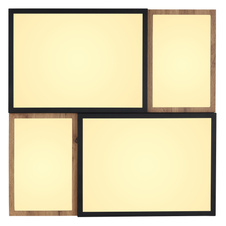 Stropní svítidlo kov šedý, černý,MDF imitace dřeva, paměťová funkce, 3 úrovně pomocí vypínače, 1. svítí dřevěné rámy, 2. svítí tmavé rámy, 3. svítí všechny rámy, DxŠxV:600x600x90mm, LED 50W 230V,5600lm zdroj, 3000lm výstup, 3000K