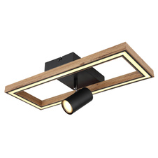 Stropní svítidlo kov černý,MDF imitace dřeva, plast, paměťová funkce, 3 úrovně přes vypínač, 1. svítí LED v rámu, 2. GU10 reflektor, 3. obojí dohromady, DxŠxV:500x200x145mm, LED 16W 230V, 1800lm zdroj,1100lm výstup, 3000K GU10 LED 5W 230V