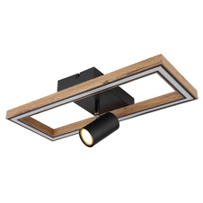 Stropní svítidlo kov černý,MDF imitace dřeva, plast, paměťová funkce, 3 úrovně přes vypínač, 1. svítí LED v rámu, 2. GU10 reflektor, 3. obojí dohromady, DxŠxV:500x200x145mm, LED 16W 230V, 1800lm zdroj,1100lm výstup, 3000K GU10 LED 5W 230V