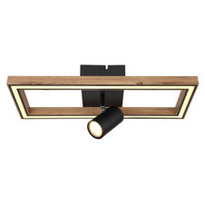 Stropní svítidlo kov černý,MDF imitace dřeva, plast, paměťová funkce, 3 úrovně přes vypínač, 1. svítí LED v rámu, 2. GU10 reflektor, 3. obojí dohromady, DxŠxV:500x200x145mm, LED 16W 230V, 1800lm zdroj,1100lm výstup, 3000K GU10 LED 5W 230V