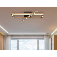 Stropní svítidlo kov černý matný,MDF imitace dřeva, plast bílý, paměťová fuknce, 3 úrovně přes nástěnný spínač, 1. svítí obdélníkový MDF rám, 2. LED lišta, 3. obojí dohromady, DxŠxV: 800x200x90mm, LED 36W 230V, 4000lm zdroj, 2000lm výstup, 3000K