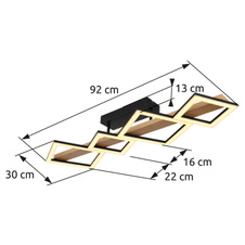 Stropní svítidlo kov černý mat, MDF imitace dřeva, ABS černý mat, plast bílý, DxŠxV:920x300x130mm, malé čtverce 16x16 cm, velké čtverce 22x22 cm, LED 35W 230V, 3700lm zdroj, 1880lm výstup, 3000K