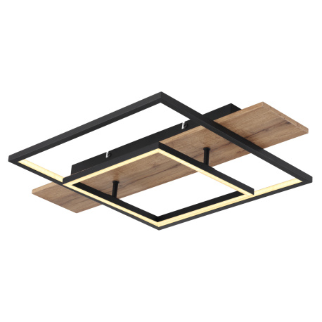 Stropní svítidlo kov černý mat, MDF imitace dřeva, hliník černý mat, plast opál, několik úrovní pomocí nástěnného spínače, paměťová funkce, 3 úrovně jasu: 100% - 40% - 10%, DxŠxV:600x400x100mm, LED 24W 230V 2800lm zdroj, 1100lm výstup, 3000K