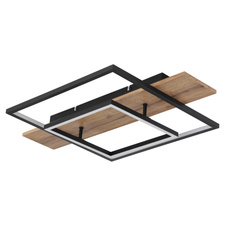 Stropní svítidlo kov černý mat, MDF imitace dřeva, hliník černý mat, plast opál, několik úrovní pomocí nástěnného spínače, paměťová funkce, 3 úrovně jasu: 100% - 40% - 10%, DxŠxV:600x400x100mm, LED 24W 230V 2800lm zdroj, 1100lm výstup, 3000K