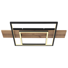 Stropní svítidlo kov černý mat, MDF imitace dřeva, hliník černý mat, plast opál, několik úrovní pomocí nástěnného spínače, paměťová funkce, 3 úrovně jasu: 100% - 40% - 10%, DxŠxV:600x400x100mm, LED 24W 230V 2800lm zdroj, 1100lm výstup, 3000K