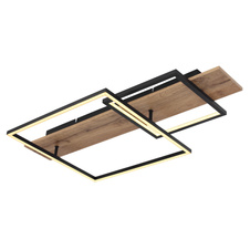 Stropní svítidlo kov černý mat, MDF imitace dřeva, hliník černý mat, plast opál, několik úrovní pomocí nástěnného spínače, paměťová funkce, 3 úrovně jasu: 100% - 40% - 10%, DxŠxV:750x400x100mm, LED 24W 230V, 2800lm zdroj, 1100lm výstup, 3000K
