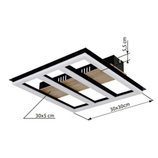 Stropní svítidlo kov černý mat, MDF imitace dřeva, plast bílý, hliník černý mat, DxŠxV:300x300x55mm, LED 18W 230V, 2200lm zdroj, 1700lm výstup, 3000K
