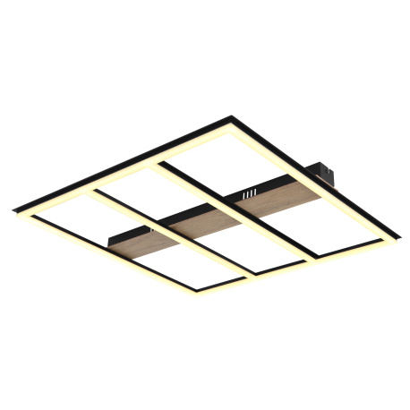 Stropní svítidlo kov černý mat, MDF imitace dřeva, plast opál, hliník černý mat, DxŠxV:600x600x55mm, LED 48W 230V, 4900lm zdroj, 3600lm výstup, 3000K