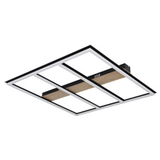 Stropní svítidlo kov černý mat, MDF imitace dřeva, plast opál, hliník černý mat, DxŠxV:600x600x55mm, LED 48W 230V, 4900lm zdroj, 3600lm výstup, 3000K