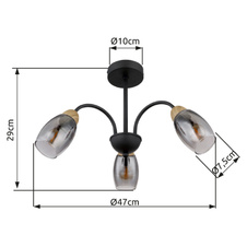 Stropní svítidlo kov černý matný, sklo kouřové, kov imitace dřeva, Ø:470mm, V:290mm, bez žárovek 3xE14 25W 230V