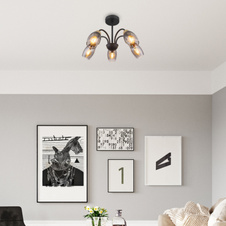 Stropní svítidlo kov černý matný, sklo kouřové, kov imitace dřeva, Ø:470mm, V:290mm, bez žárovek 5xE14 25W 230V