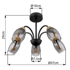 Stropní svítidlo kov černý matný, sklo kouřové, kov imitace dřeva, Ø:470mm, V:290mm, bez žárovek 5xE14 25W 230V